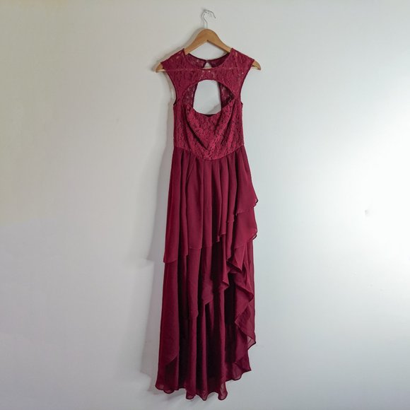Red Lace Ruffle Asymmetric Maxi Dress - Picture 3 of 6